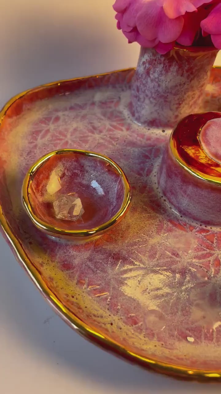 Handmade ceramic four element ritual dish with flower of life and gold crescent moon