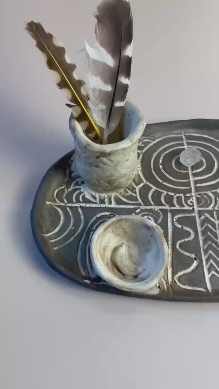 Handmade ceramic four element ritual dish with Megalithic carvings