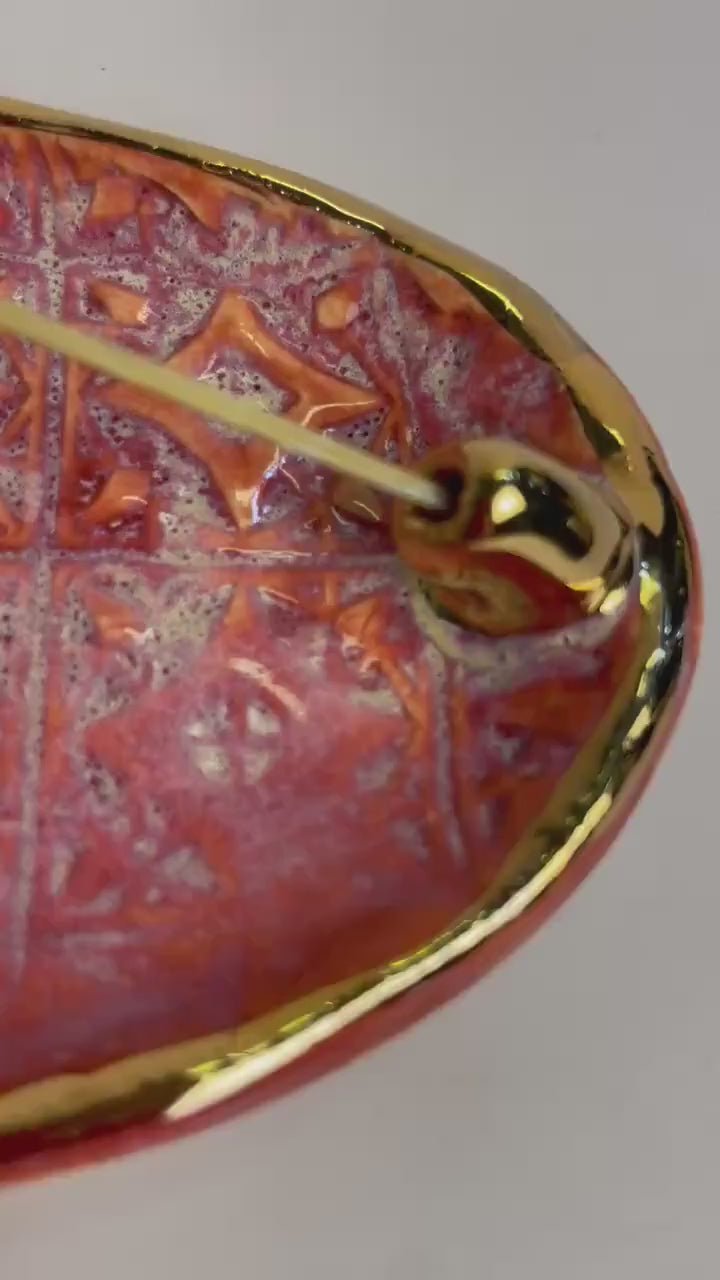 Handmade Ceramic Incense Holder – Floral and Patterned Design with Gold Luster – Coral Raspberry Glaze