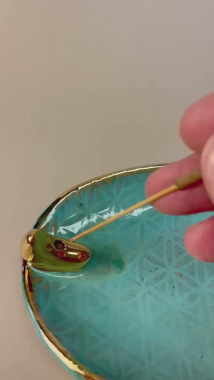 Handmade turquoise ceramic good moon incense dish and crystal charger