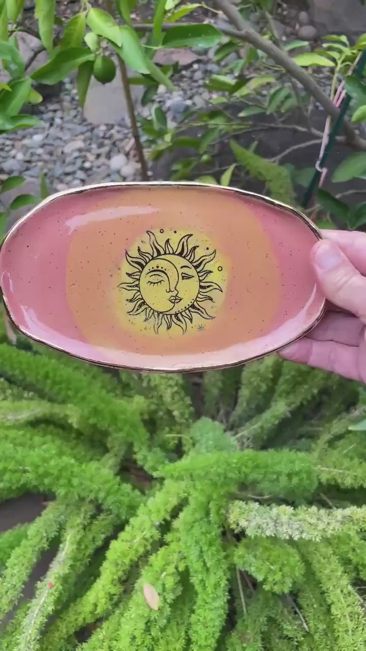 Sun Moon Trinket Dish – Coral, Orange and Yellow Glaze with Gold Luster Rim