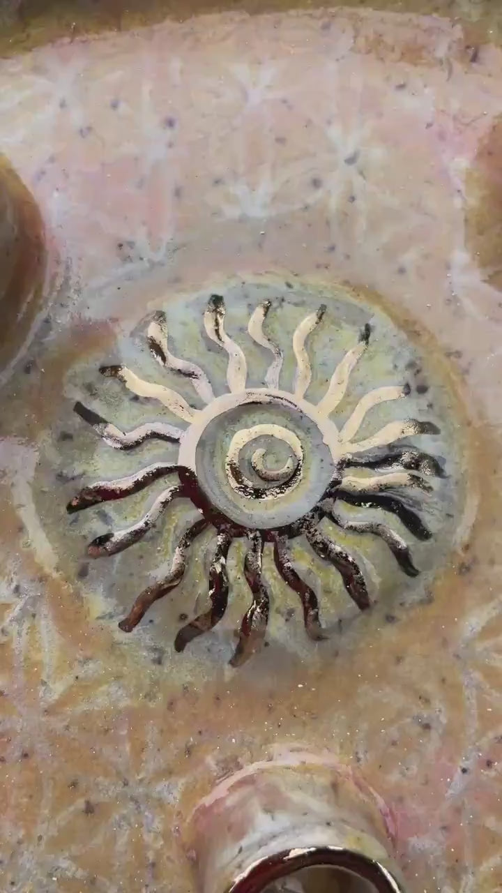 Four-Element Ritual Dish – Flower of Life, Sun and Moon, Coral and Gold Glaze