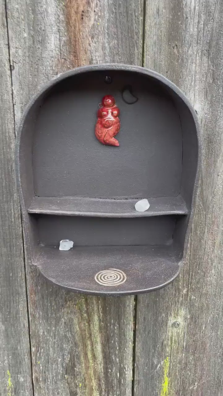 Neolithic-Inspired Clay Altar Shelf – Dark Brown with Red Goddess & Dark Moon