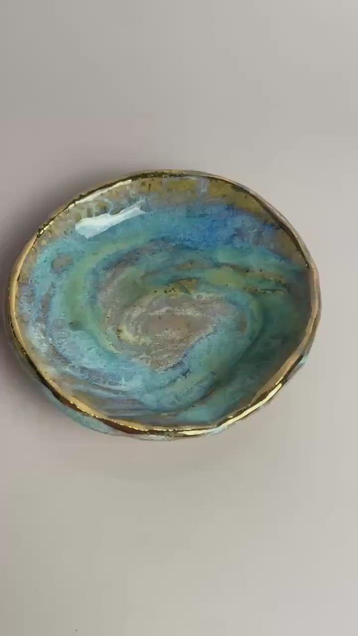Small Galaxy Swirl Trinket Dish — Crystal Charging and Altar Bowl in Icy Lavender Blue and Emerald Glaze