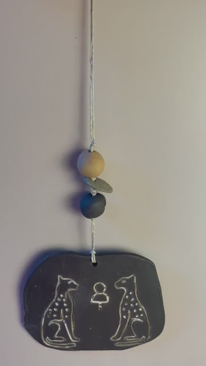 Inanna’s Guardians | Ceramic Wall Talisman with Cheetahs, Berkana Rune Bead & Hag Stone