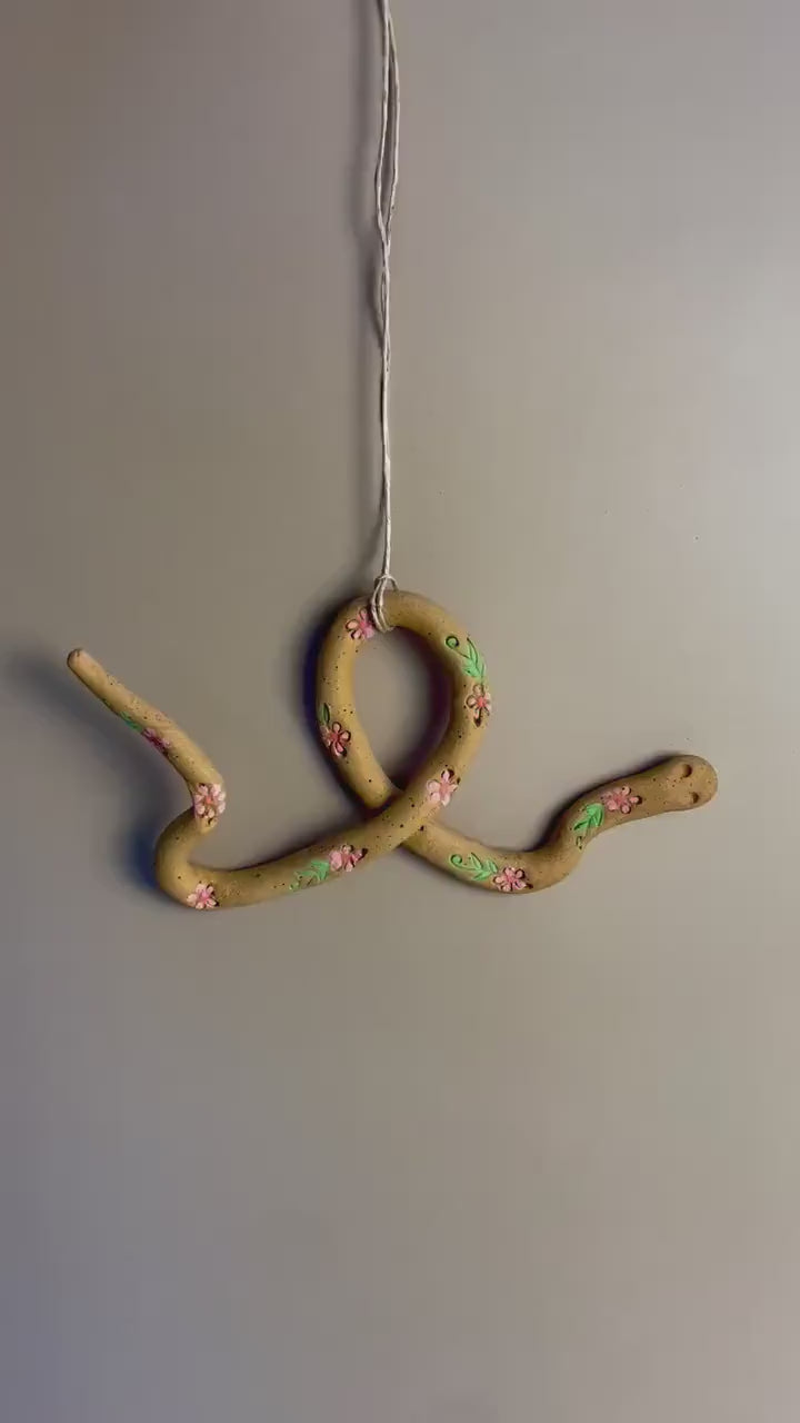 Handmade ceramic pink flower hanging Snake Talisman
