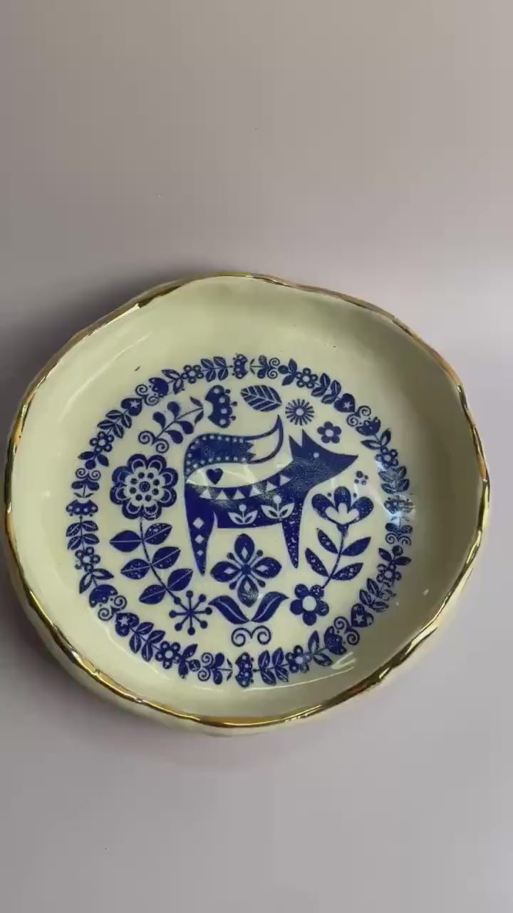 Handmade Ceramic Bowl – Cobalt Fox Design with Gold Luster Rim – Hand-Built White Clay