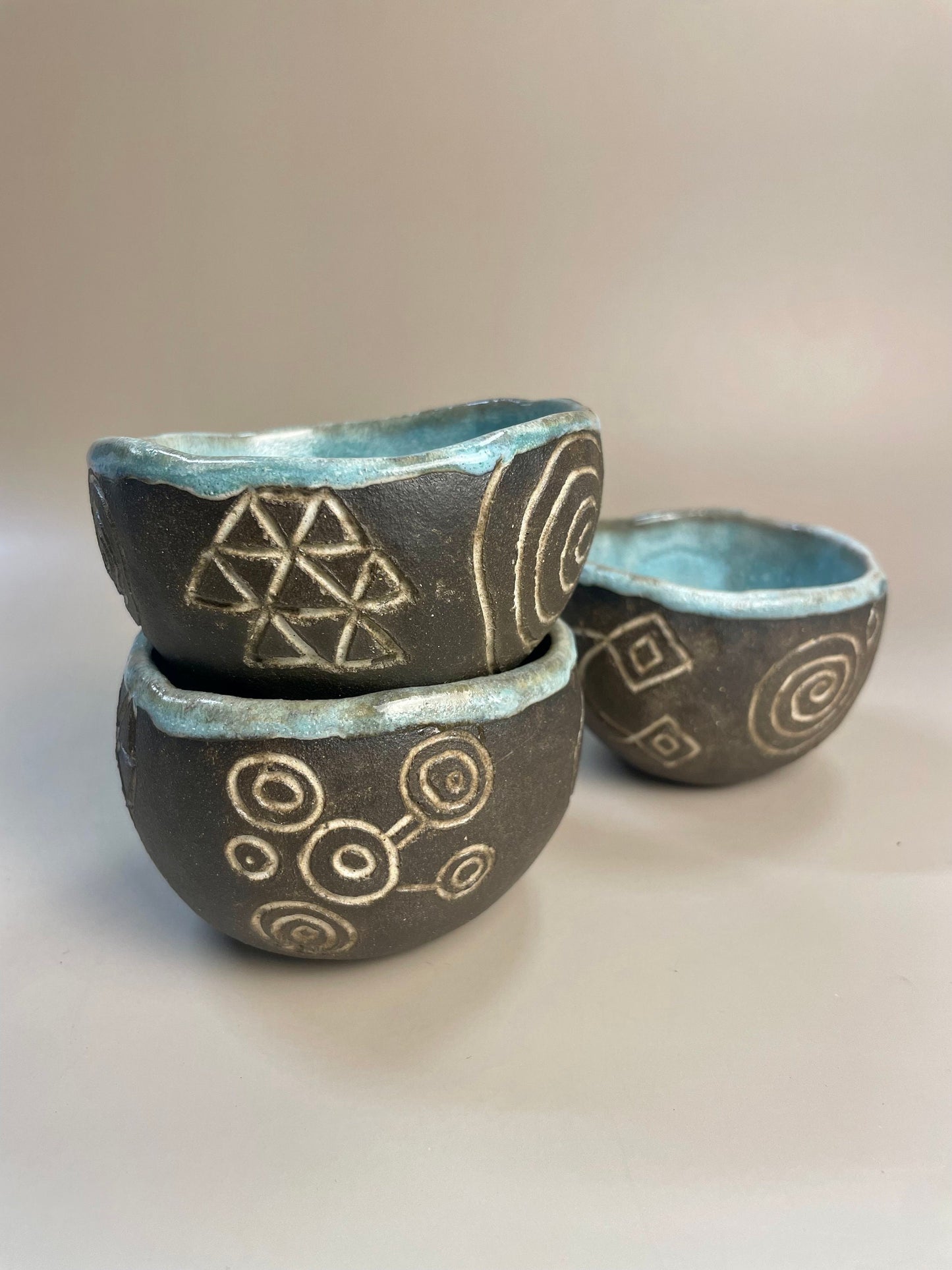 Handmade ceramic Newgrange inspired carved ritual cups