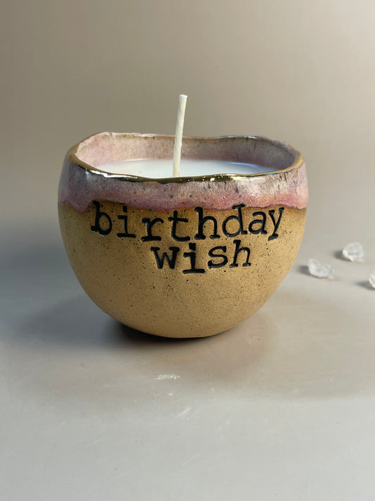 Handmade ceramic pink Birthday Wish candle with wish ritual