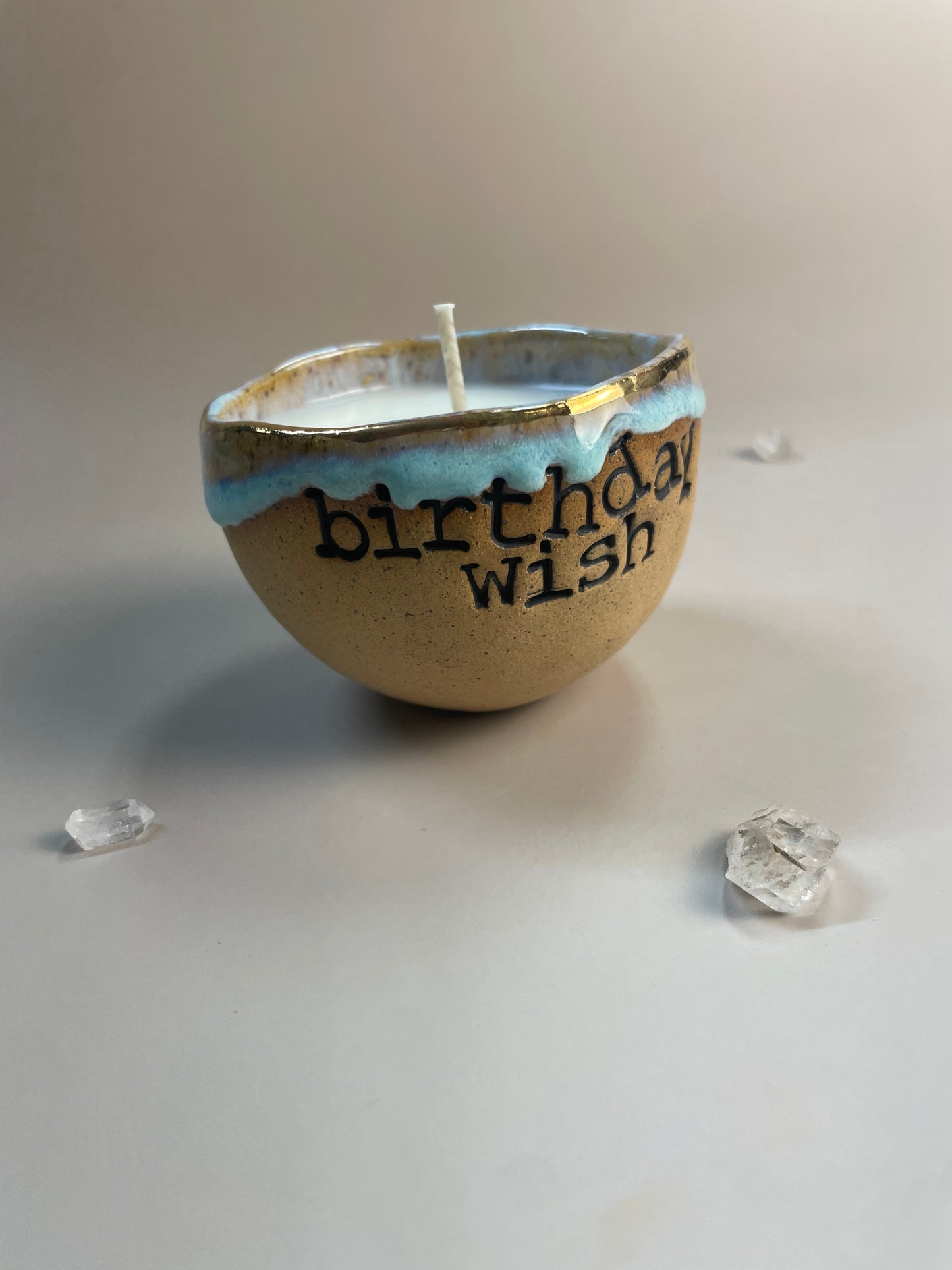 Handmade ceramic pearl with blue Birthday Wish candle with Wish Ritual