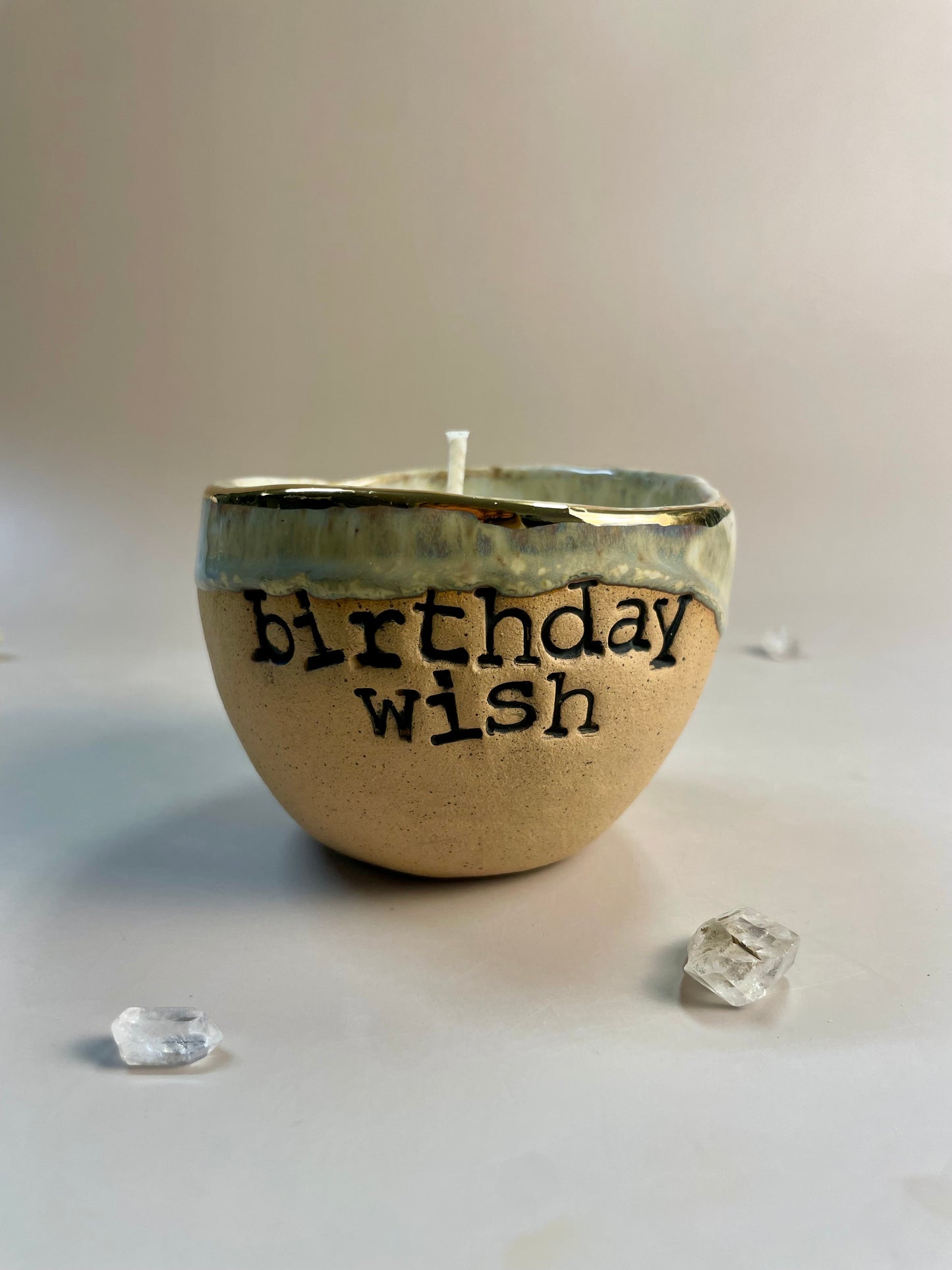 Handmade ceramic pearl with blue Birthday Wish candle with Wish Ritual