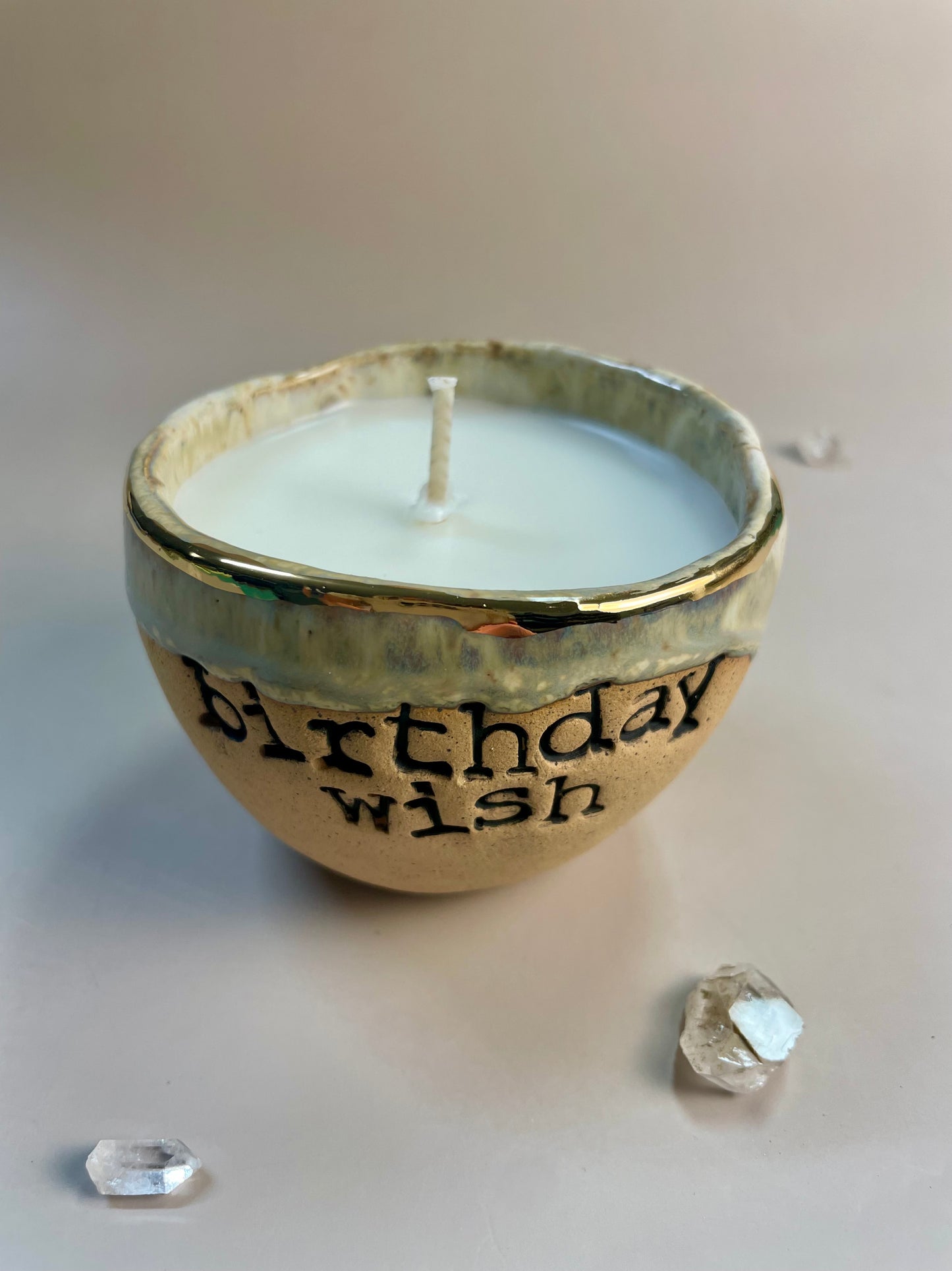 Handmade ceramic pearl with blue Birthday Wish candle with Wish Ritual