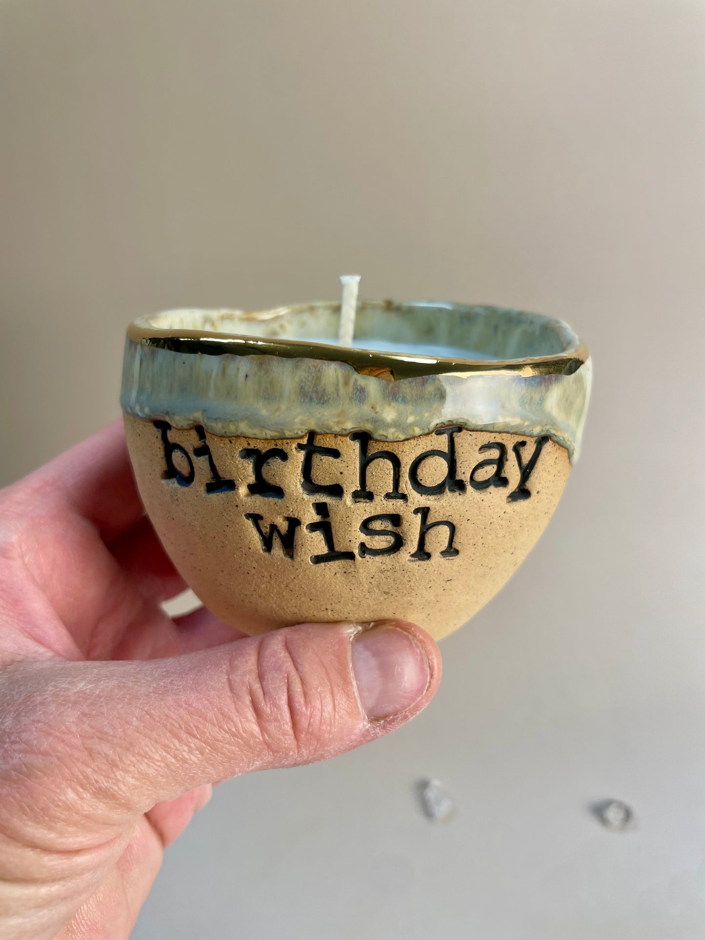 Handmade ceramic pearl with blue Birthday Wish candle with Wish Ritual