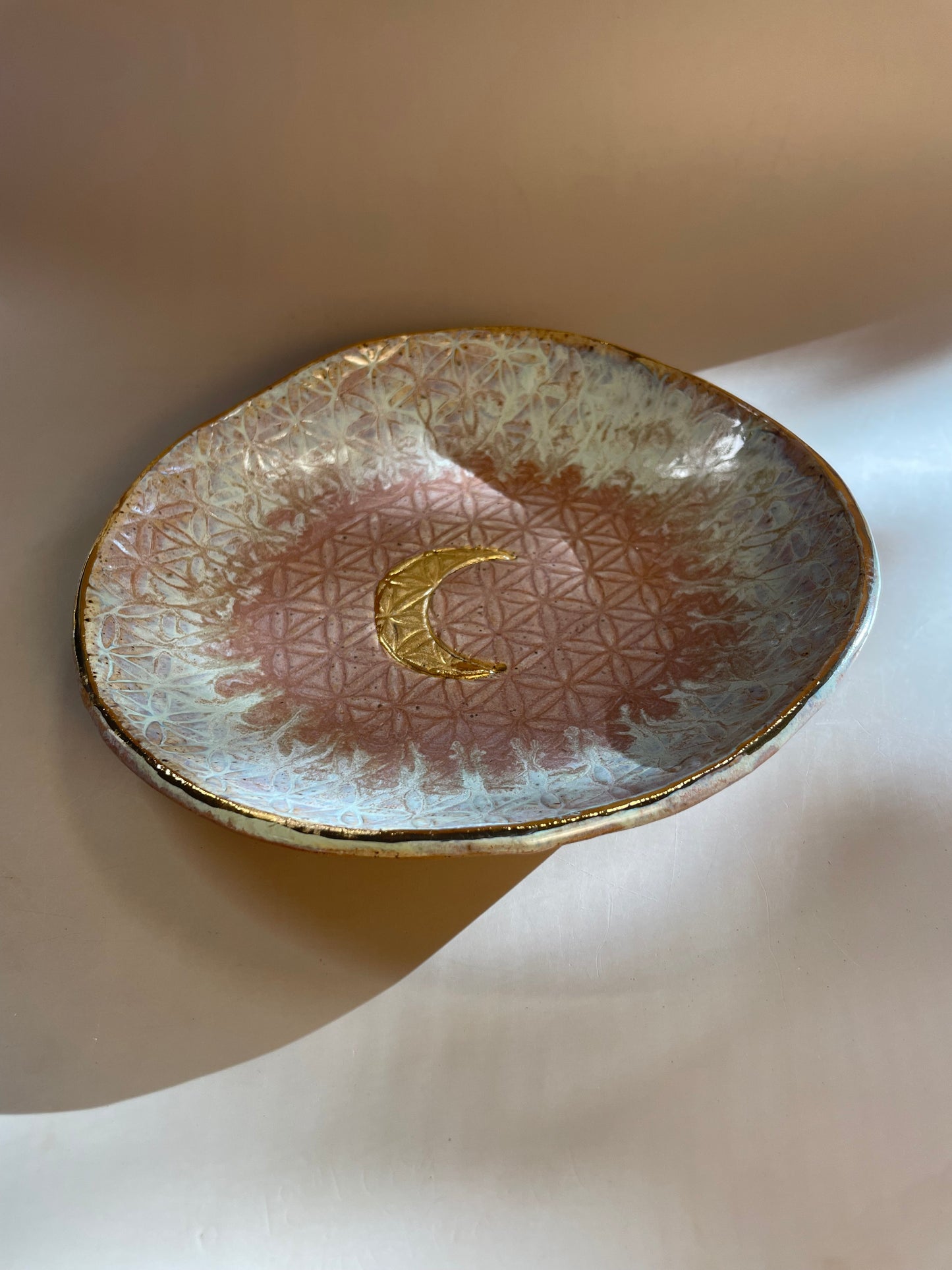 Handmade Ceramic Bowl with Flower of Life and Gold Crescent Moon – Lavender/Blush with Aqua Hues