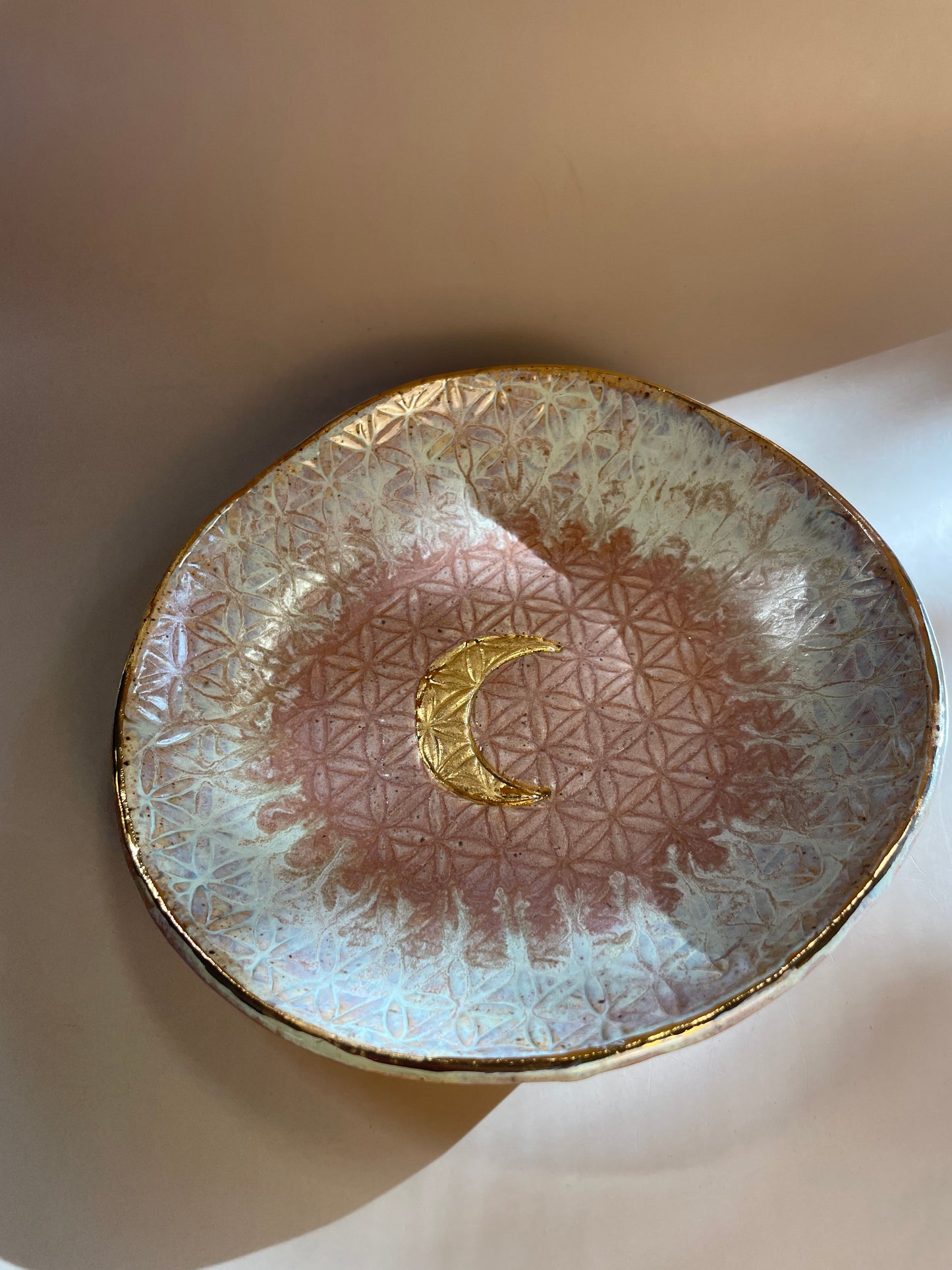 Handmade Ceramic Bowl with Flower of Life and Gold Crescent Moon – Lavender/Blush with Aqua Hues