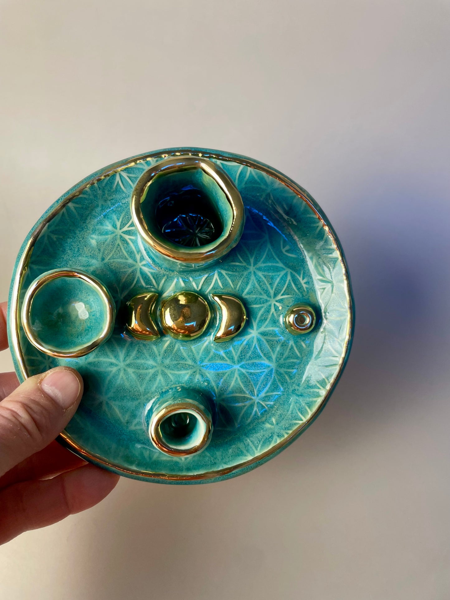 Four Element Ritual Dish with Triple Moon and Flower of Life