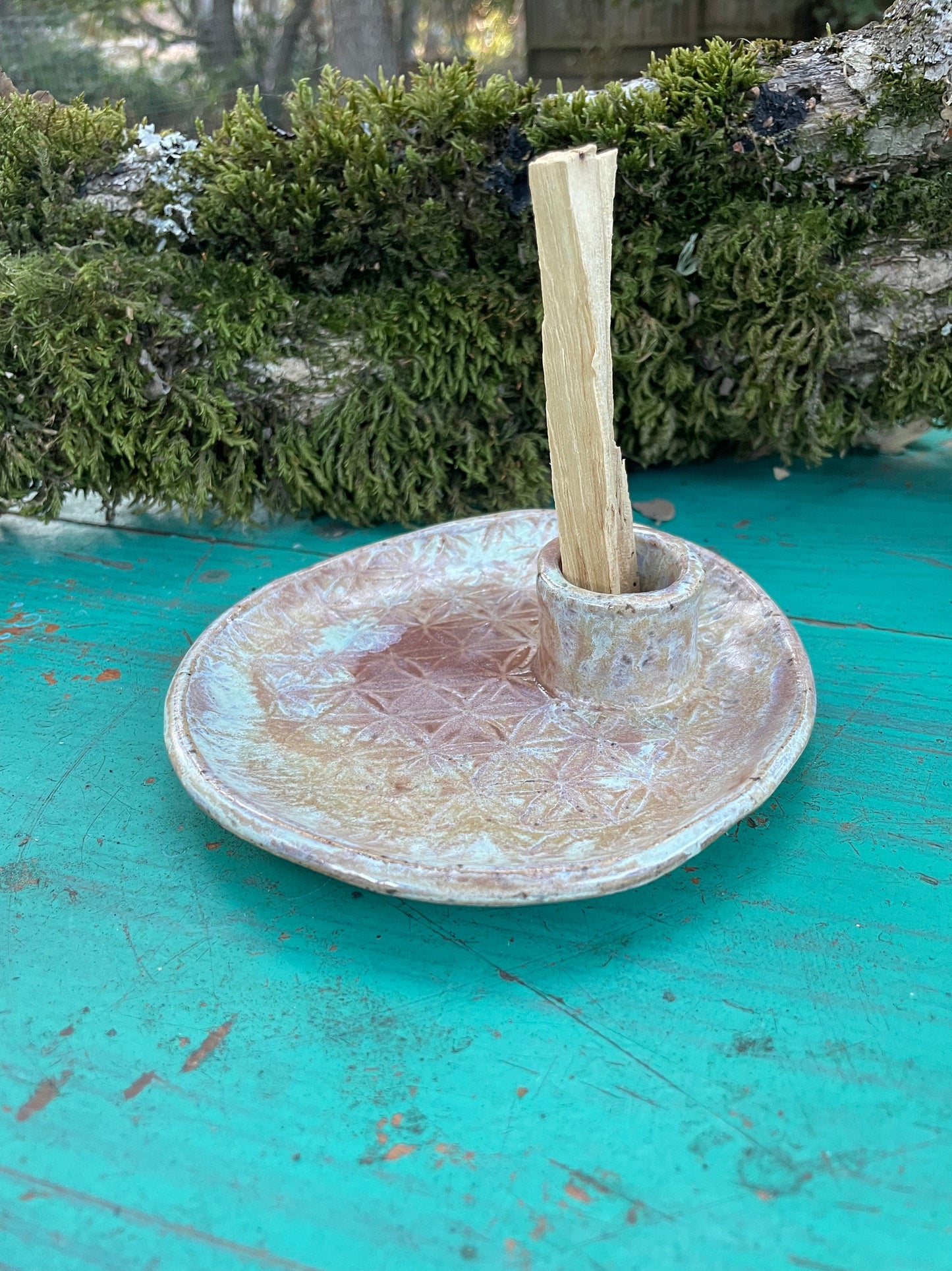 Flower of life handmade ceramic smudge dish, palo santo holder, and crystal charging dish