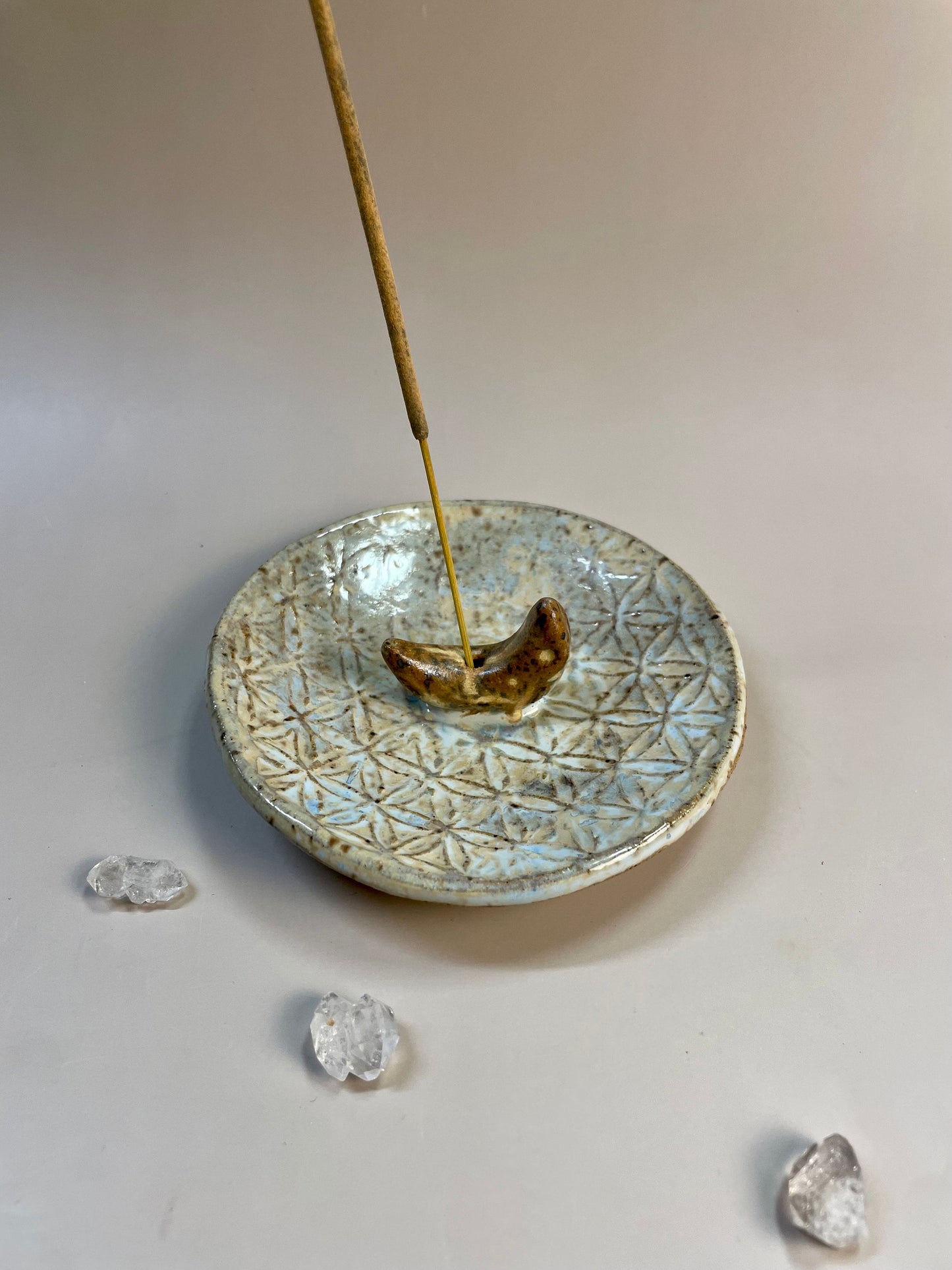 Handmade ceramic gold moon flower of life incense holder and ring dish