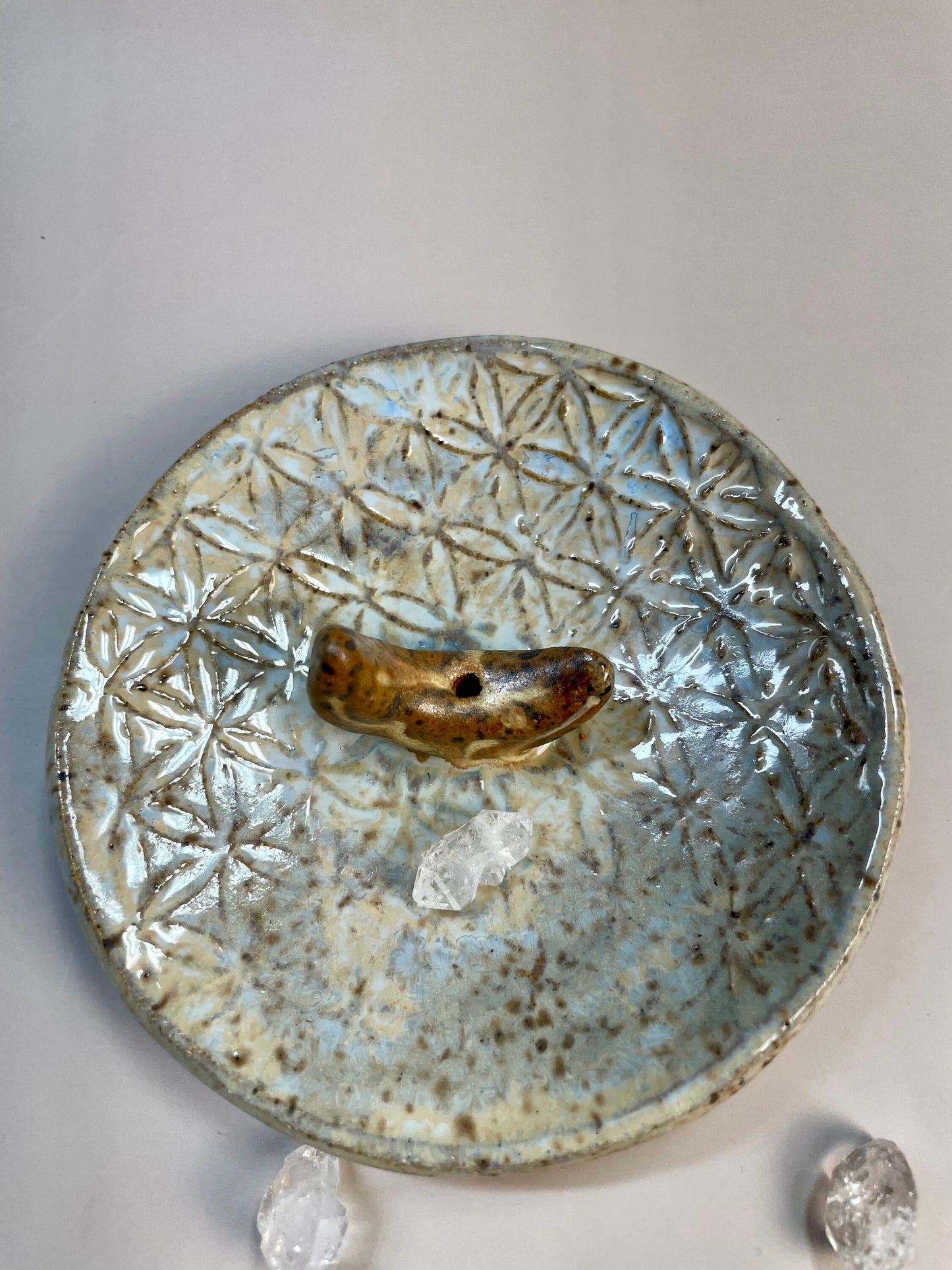 Handmade ceramic gold moon flower of life incense holder and ring dish