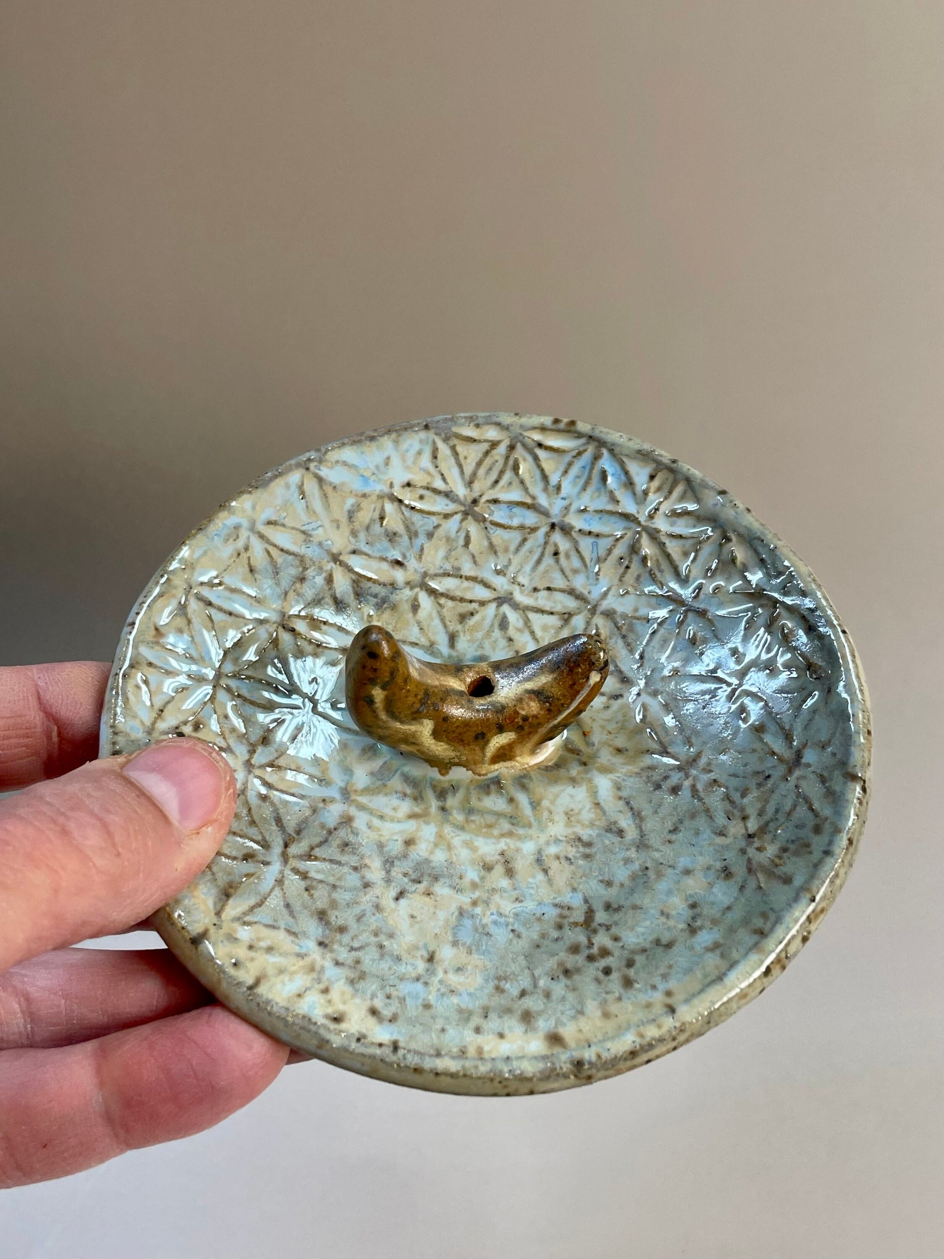 Handmade ceramic gold moon flower of life incense holder and ring dish