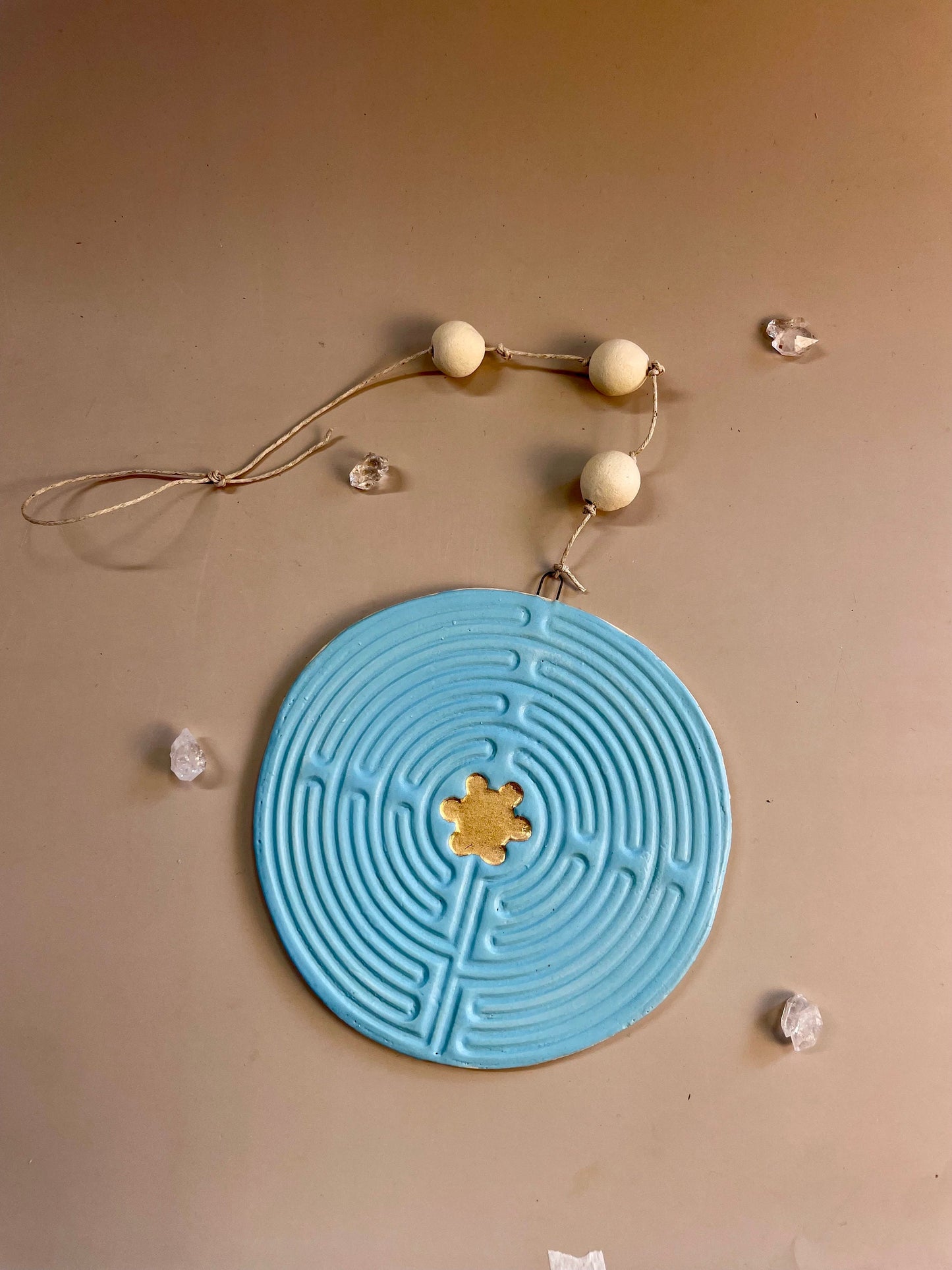 Ceramic handmade Blue Labyrinth wall hanging with white beads