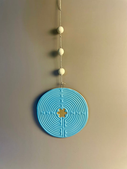 Ceramic handmade Blue Labyrinth wall hanging with white beads