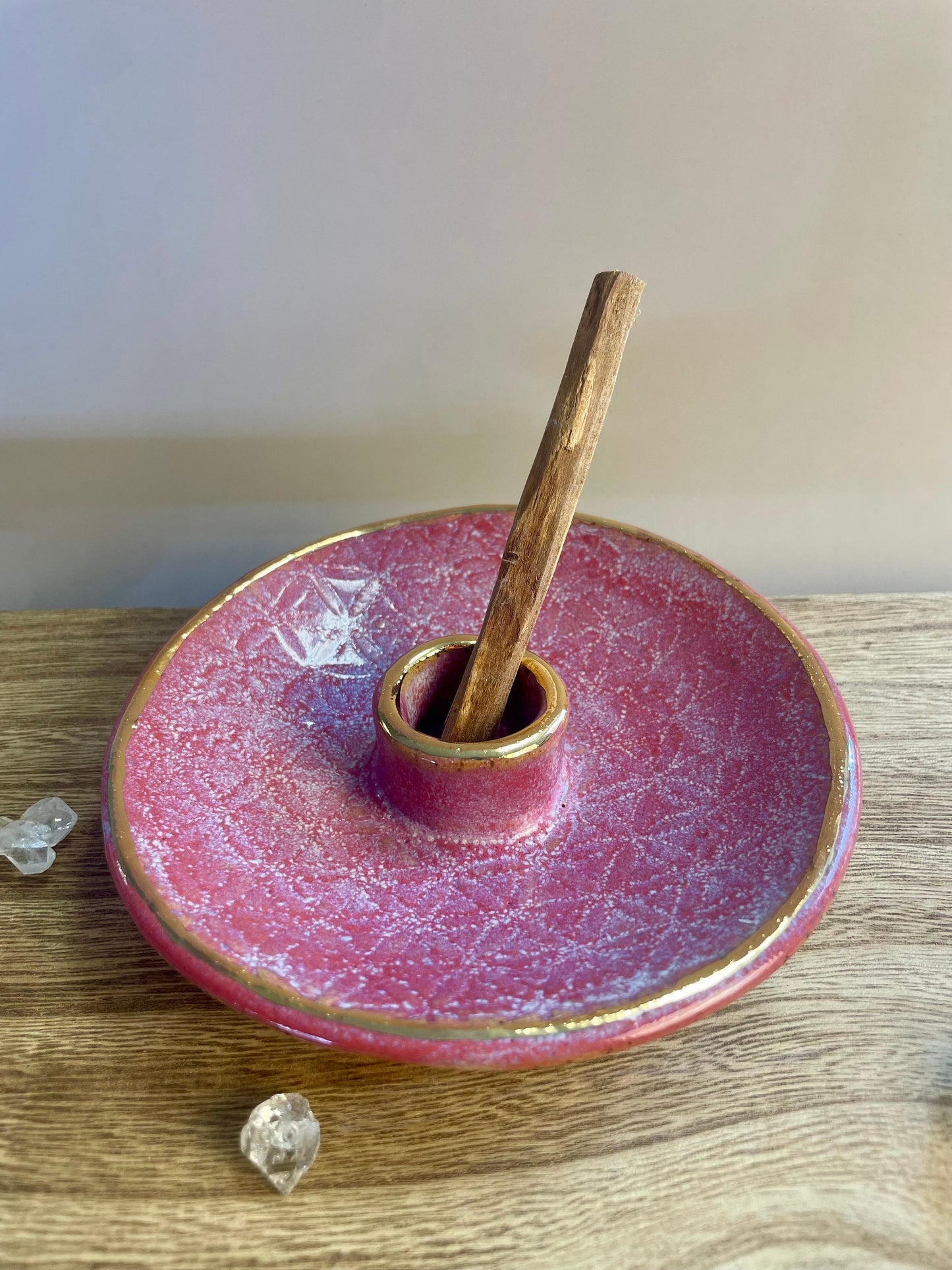 Flower of life handmade pink with gold rim ceramic palo santo holder