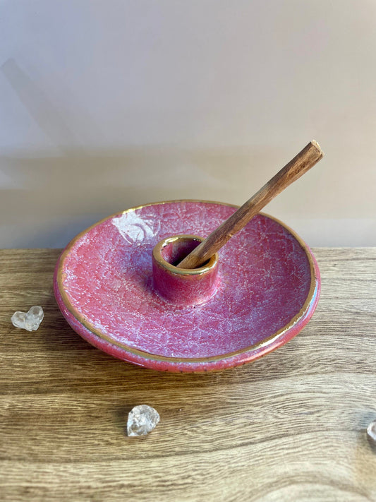 Flower of life handmade pink with gold rim ceramic palo santo holder