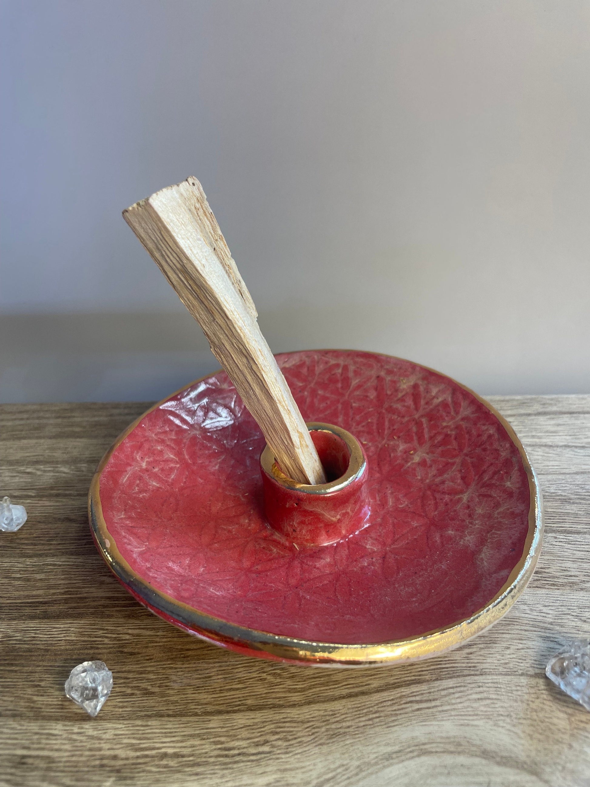 Flower of life handmade red with gold rim ceramic palo santo holder