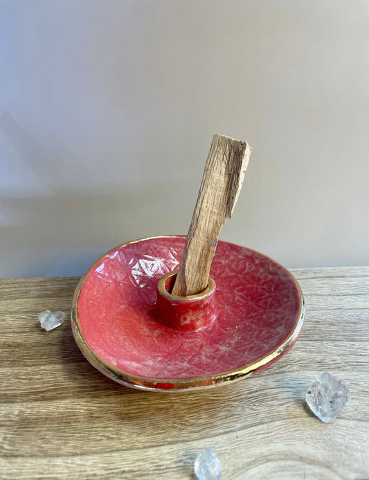 Flower of life handmade red with gold rim ceramic palo santo holder