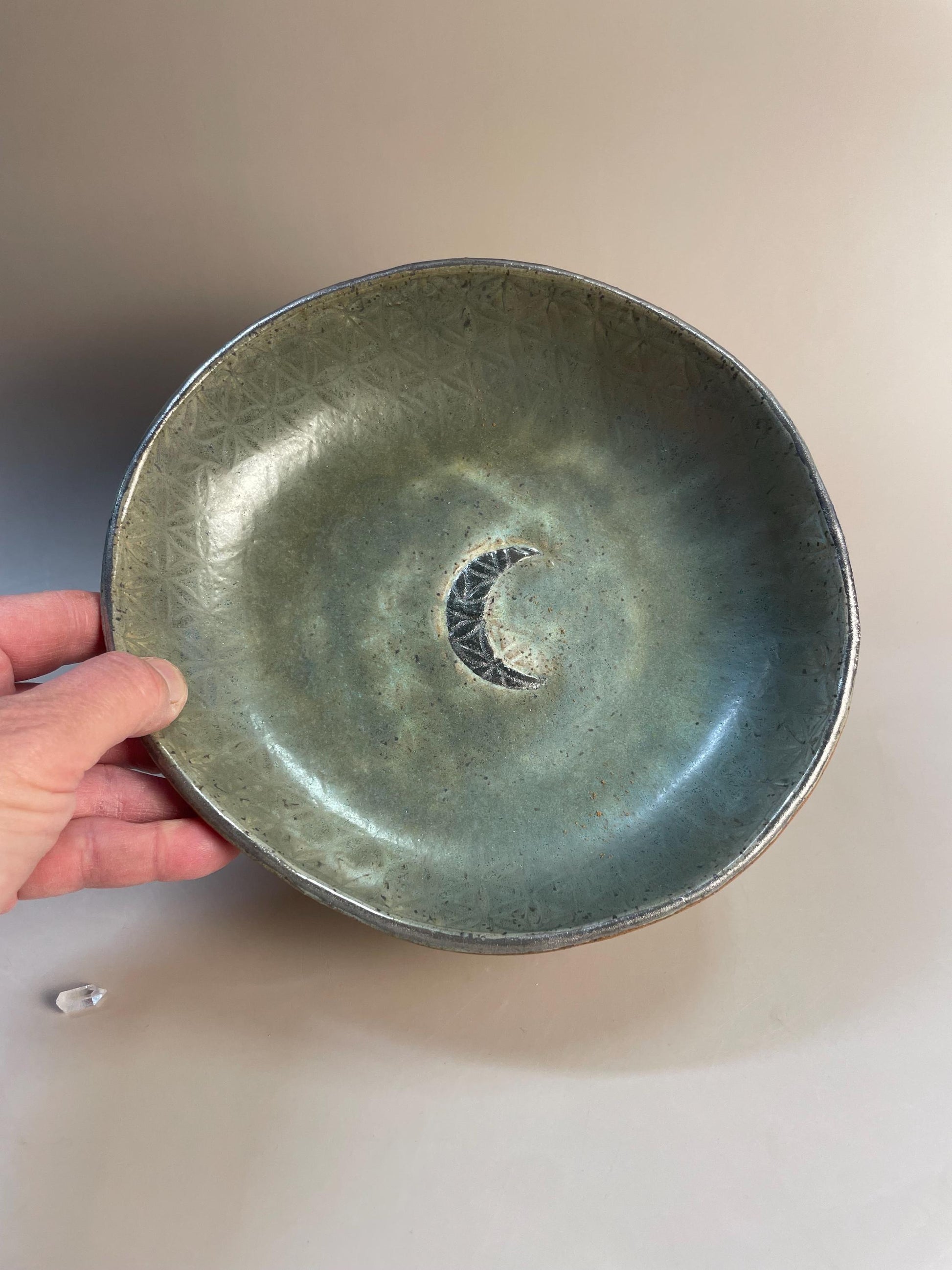 Handmade ceramic gray flower of life silver crescent moon dish