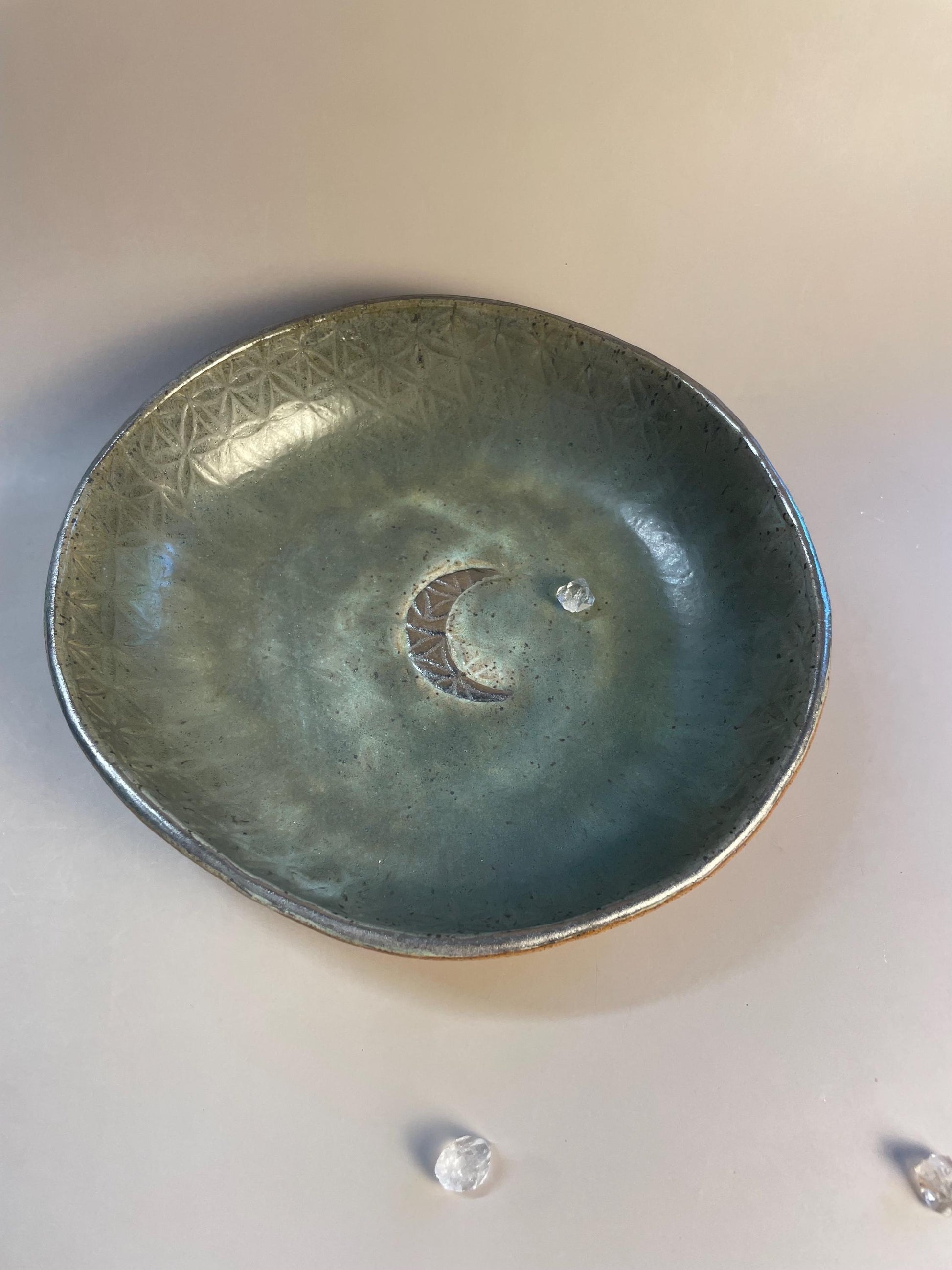 Handmade ceramic gray flower of life silver crescent moon dish