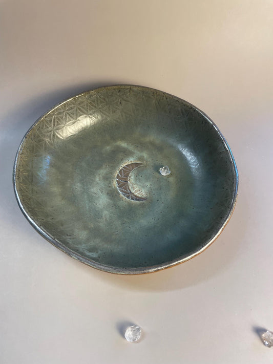 Handmade ceramic gray flower of life silver crescent moon dish