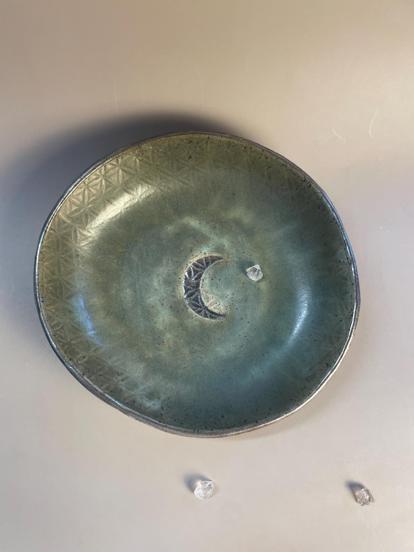 Handmade ceramic gray flower of life silver crescent moon dish