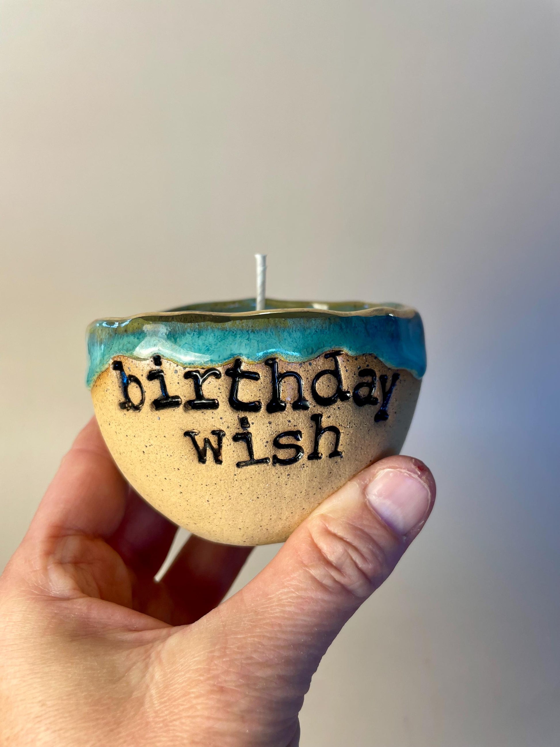 Handmade ceramic turquoise Birthday Wish candle with wish ritual