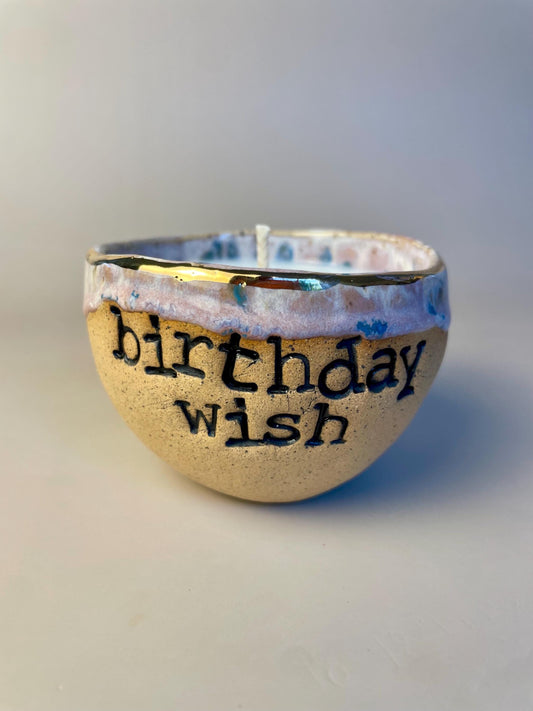 Handmade ceramic lavender with blue speckles Birthday Wish candle with wish ritual