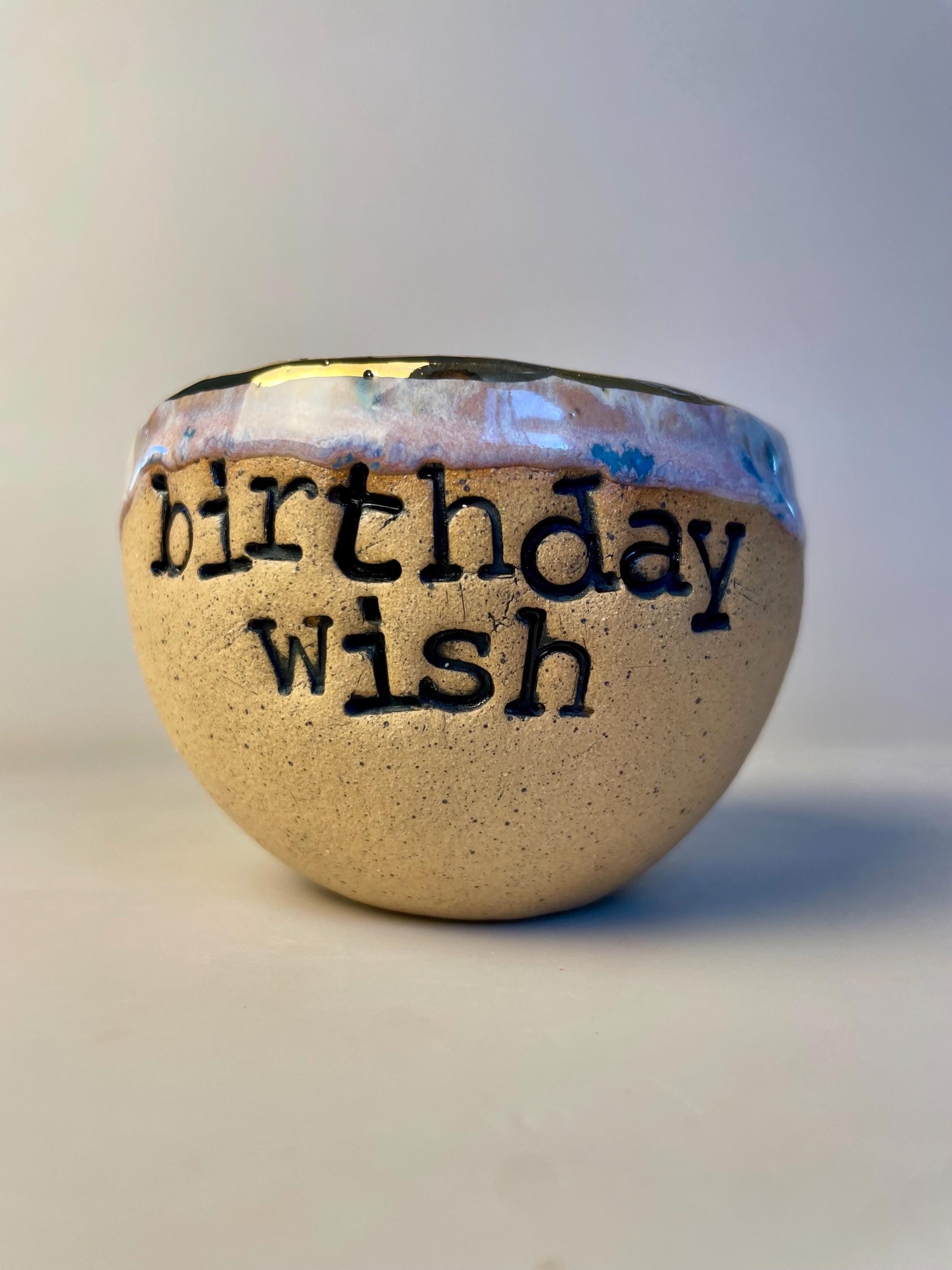 Handmade ceramic lavender with blue speckles Birthday Wish candle with wish ritual