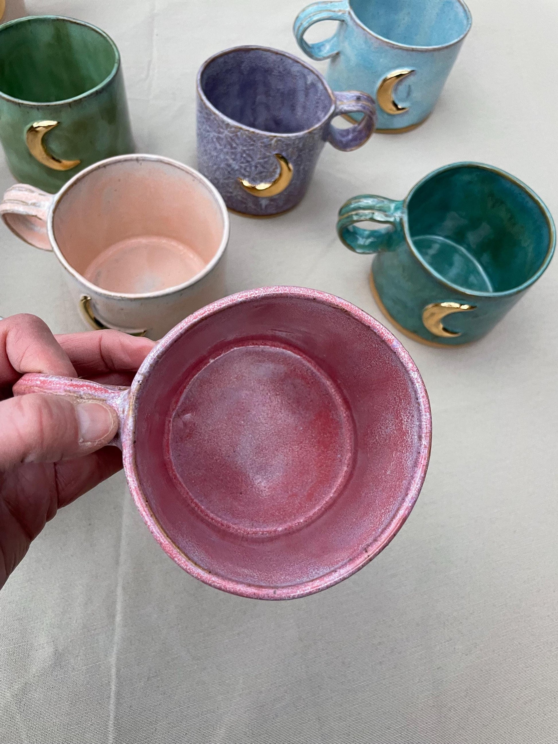 Handmade large raspberry gold moon mug