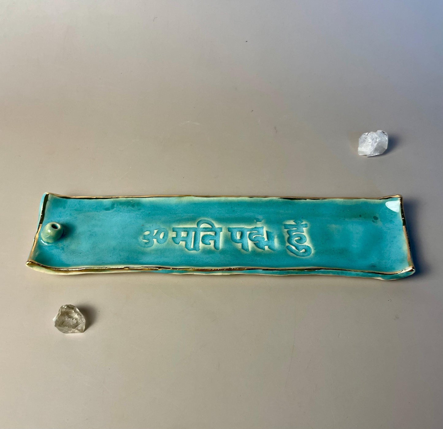 Handmade ceramic Om Mani Padme Hum green turquoise with gold Incense Holder