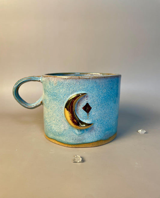Handmade extra large light blue gold moon mug