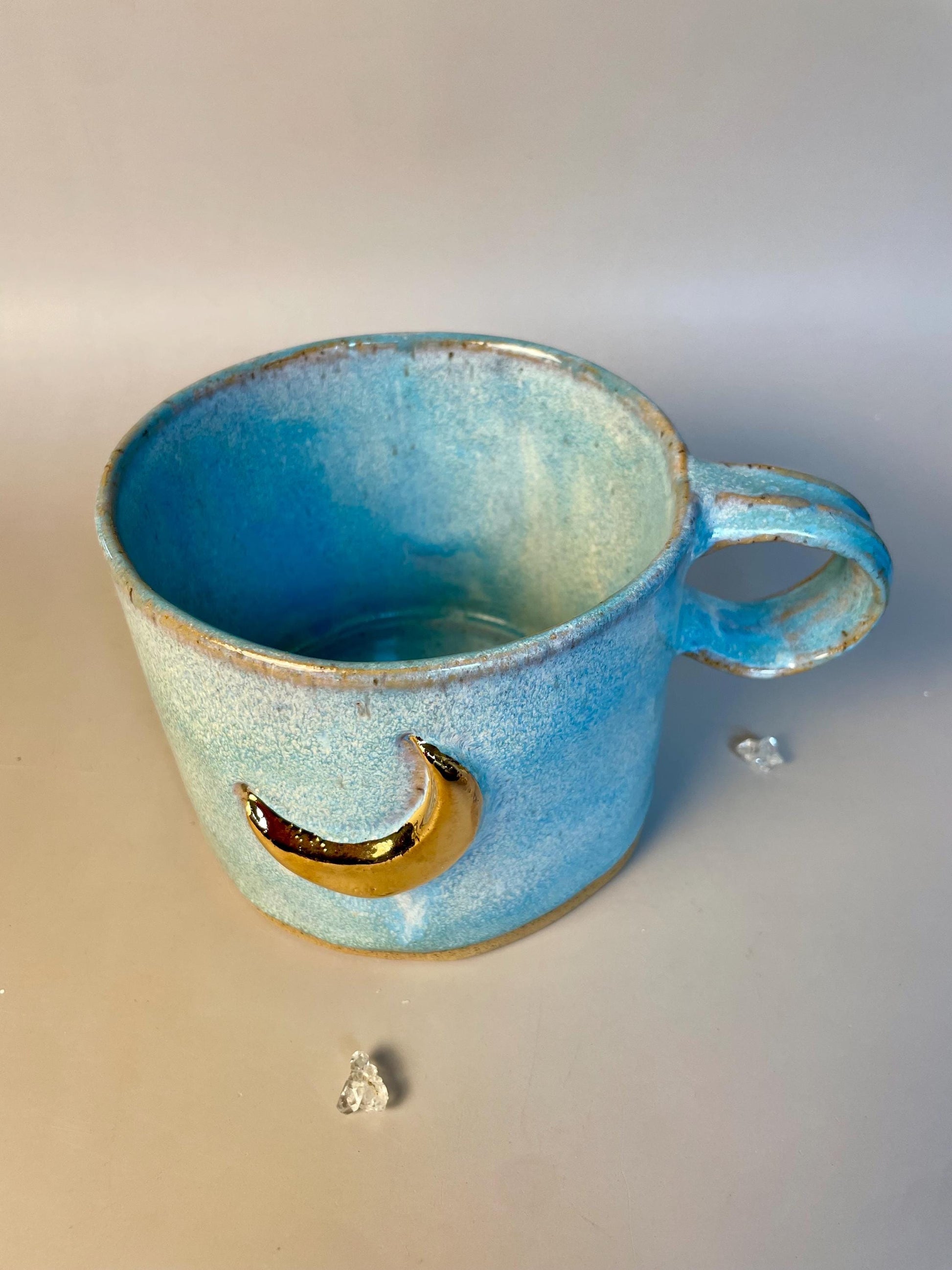 Handmade extra large light blue gold moon mug