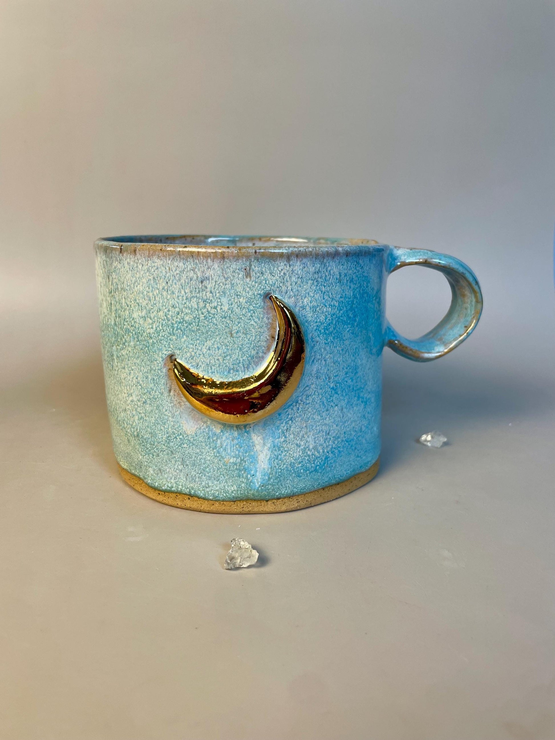 Handmade extra large light blue gold moon mug