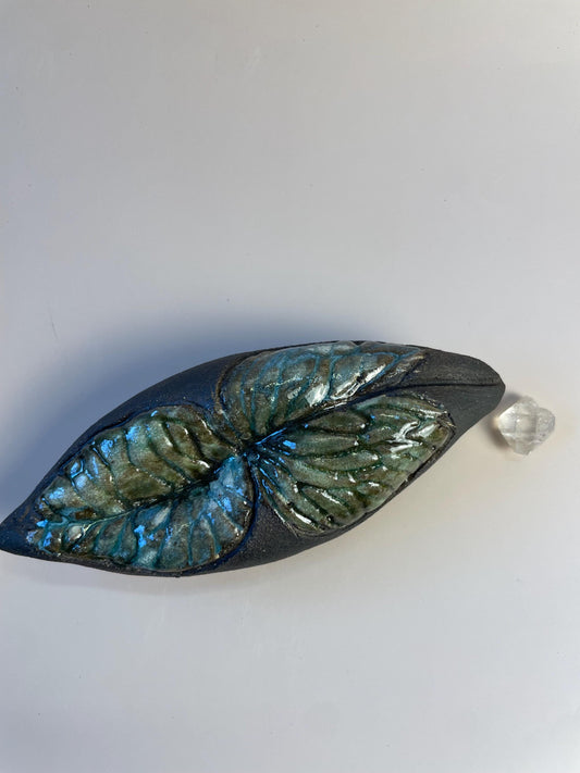 Handmade ceramic carved clay winged leaf rattle