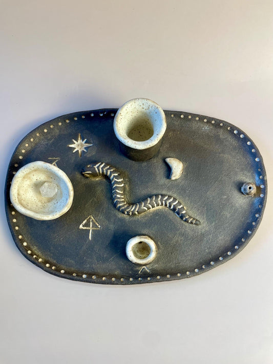 Handmade ceramic four element ritual dish with snake and celestial symbols