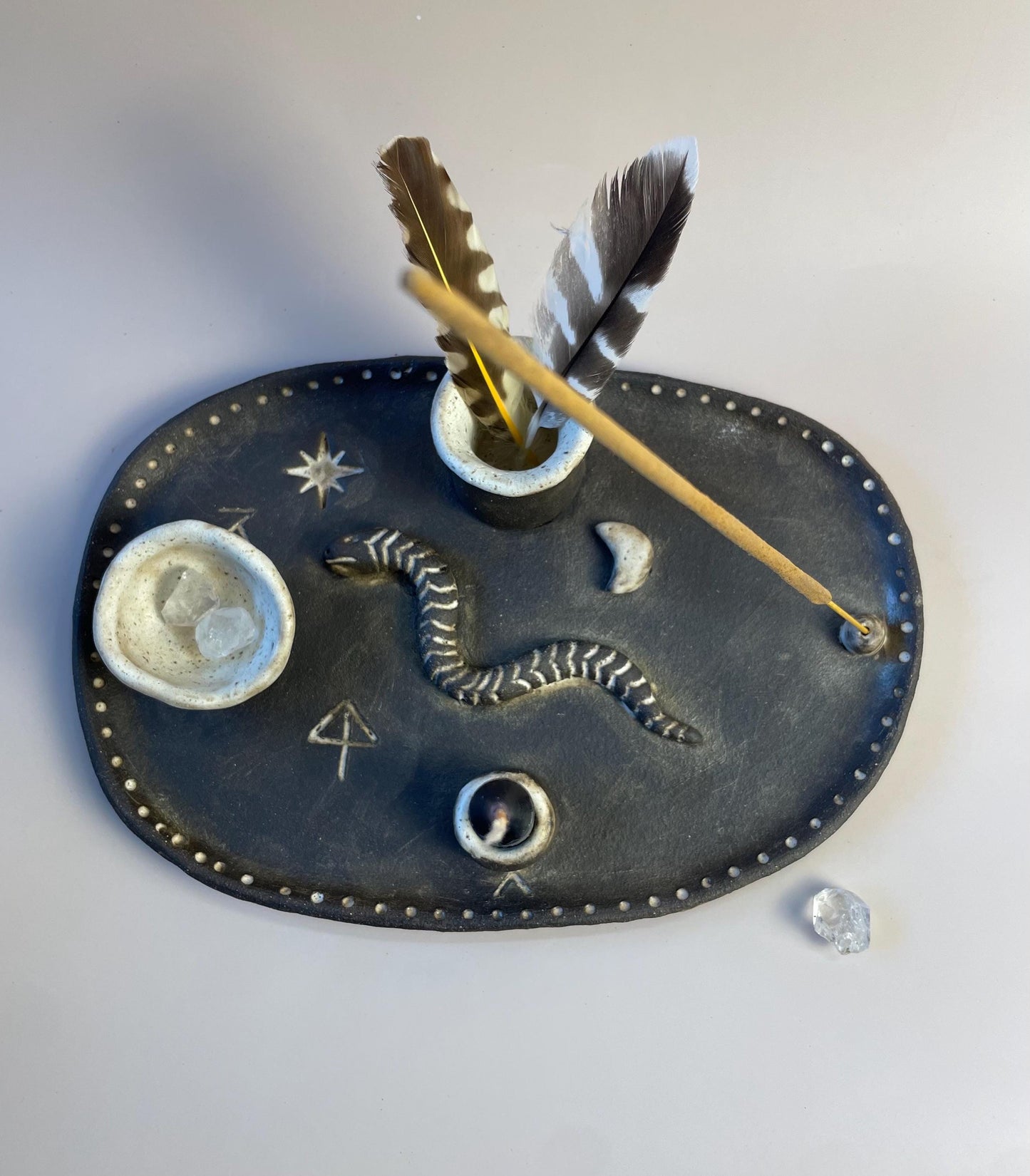 Handmade ceramic four element ritual dish with snake and celestial symbols
