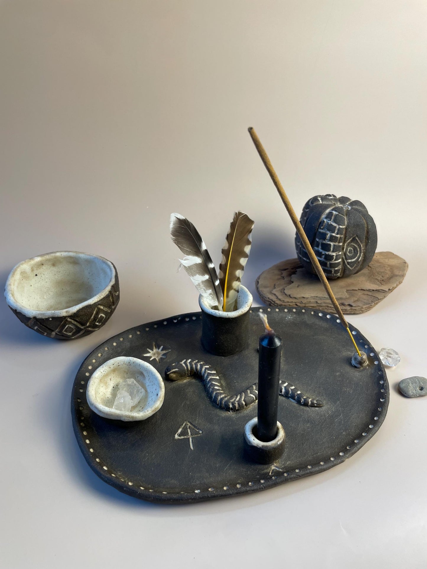 Handmade ceramic four element ritual dish with snake and celestial symbols