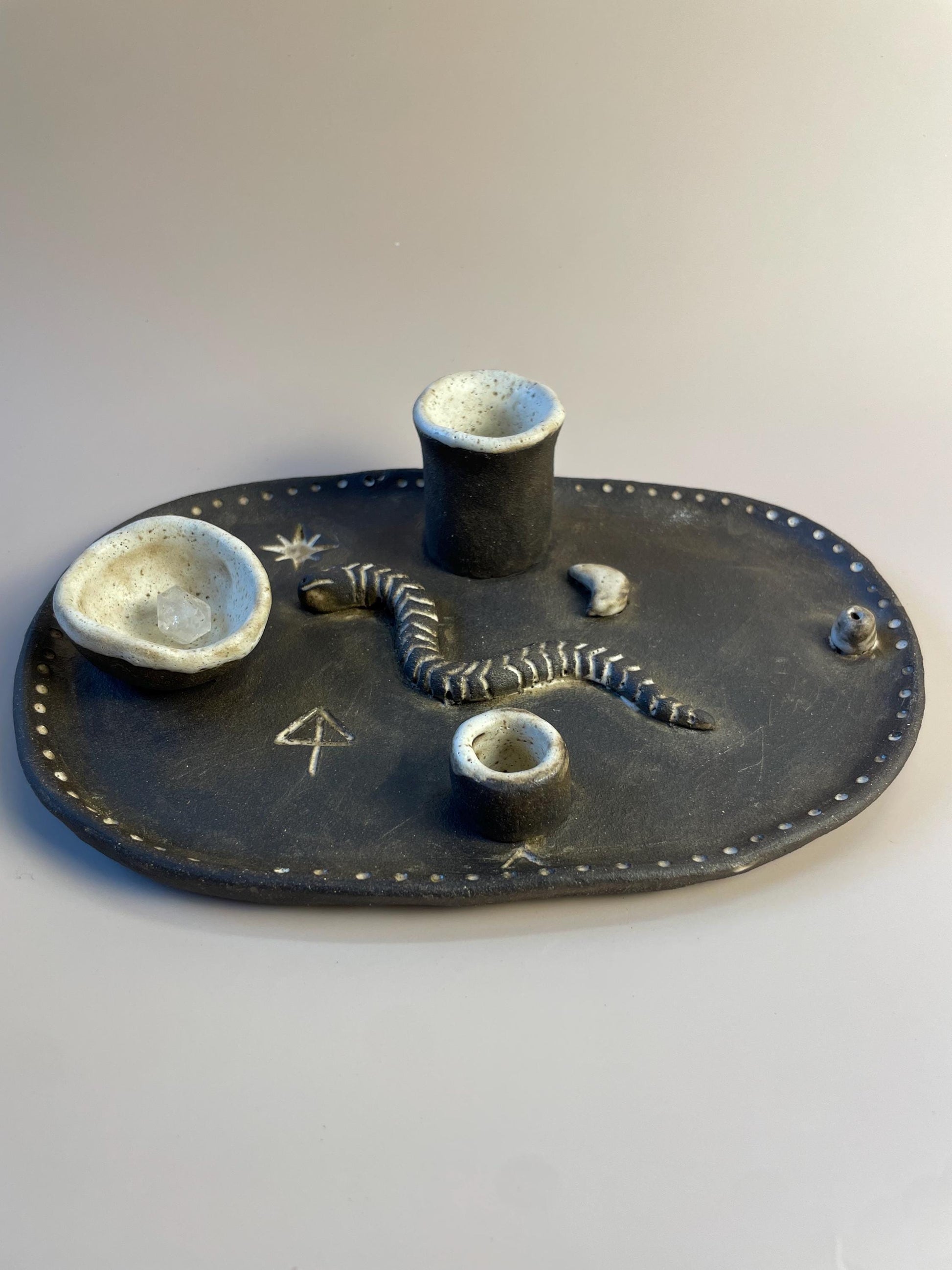 Handmade ceramic four element ritual dish with snake and celestial symbols