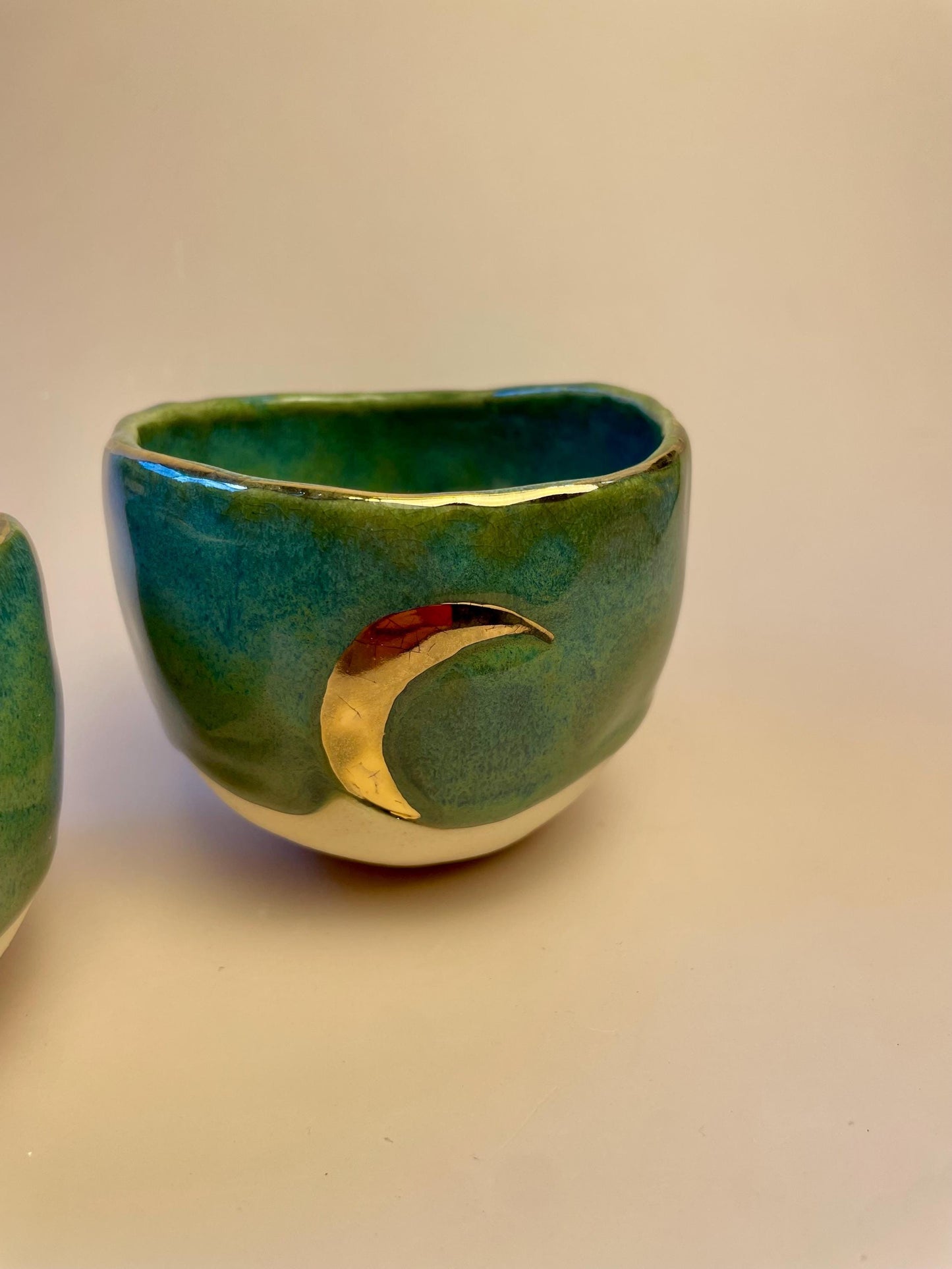 Handmade ceramic sea green gold crescent moon cup