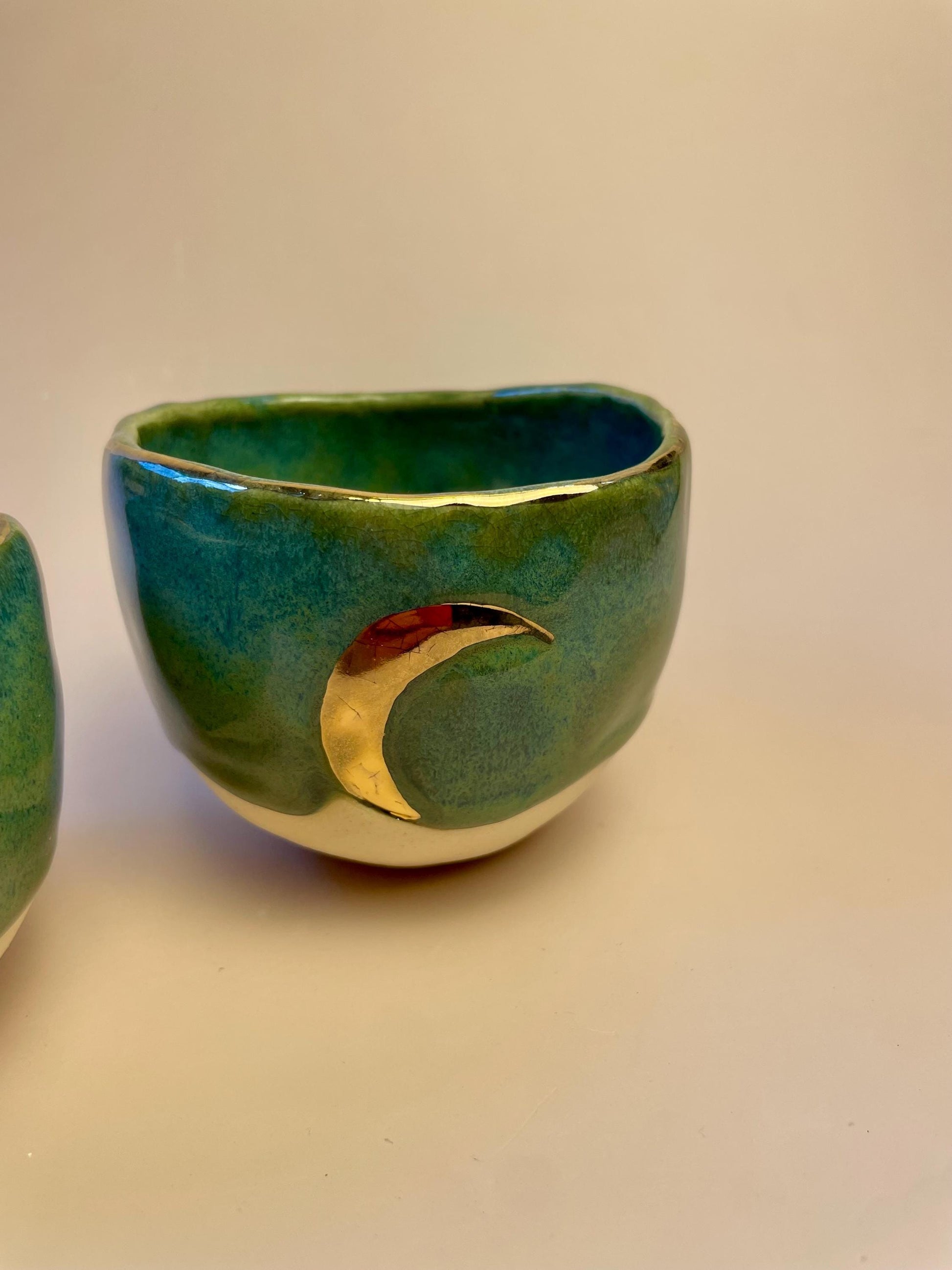 Handmade ceramic sea green gold crescent moon cup