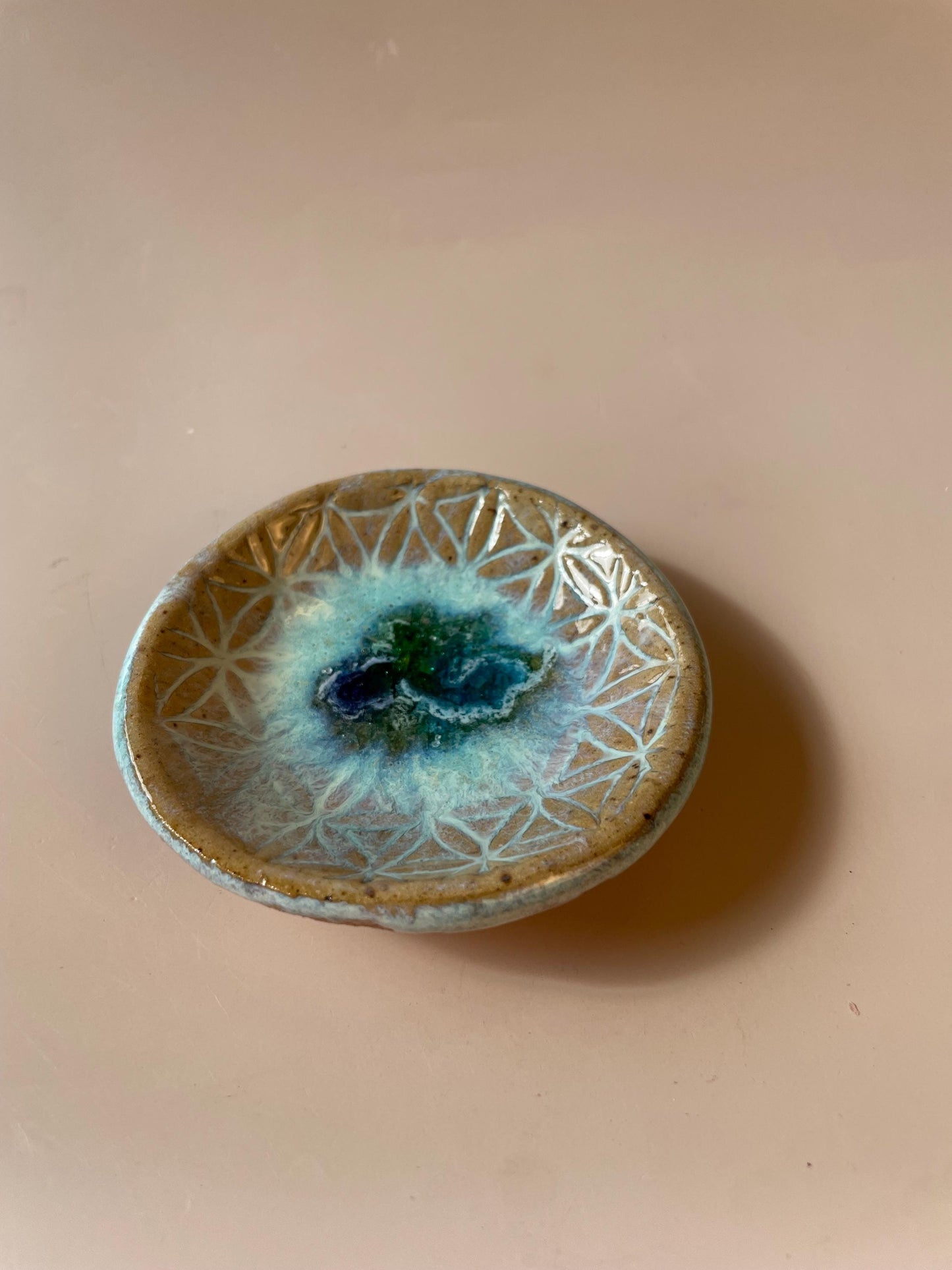 Flower of Life Ring Dish — Honey Clay with Aqua Glaze and Fused Glass Center